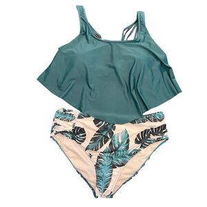 EUC Plus Size Tropical Leaf Swimsuit Set - Fits like 2X